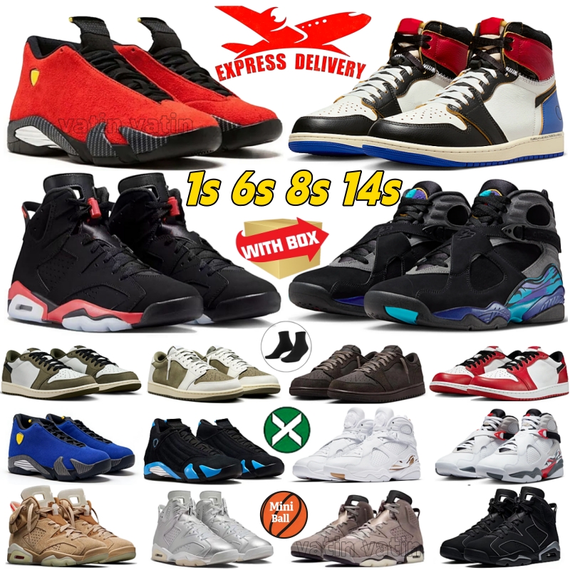With box 1s 6s 8s 14s basketball shoes 14 Ferrari University Blue 6 Infrared Metallic Silver Khaki 8 Aqua Bugs Bunny 1 Varsity Red Medium Olive Sports shoes for men women