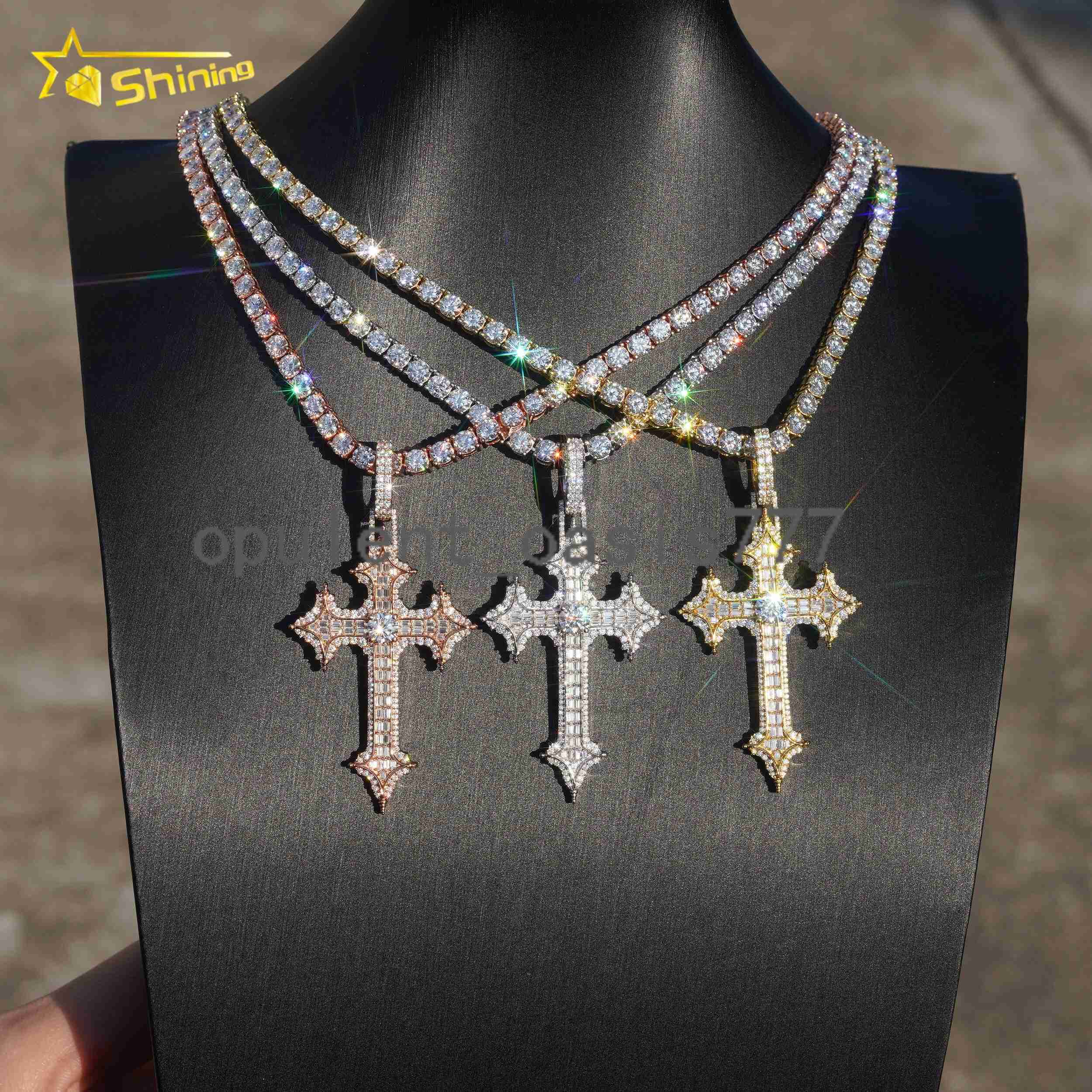 New Style Hip Hop Baguette Iced Out Pass Diamond Tester 925 Silver Cross Moissanite Pendant
