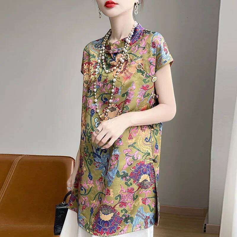 New Chinese Style Long Sleeve Shirt Middle Length Qipao Collar Summer Side Slit Zen Spirit Fashionable Women's Top MAKOUFEI