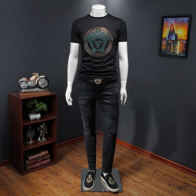 European Collection luxury Summer New Men's Double Mercerized Cotton Short T-Shirt Trendy Round Neck Half Sleeve Rhinestone Top for Men