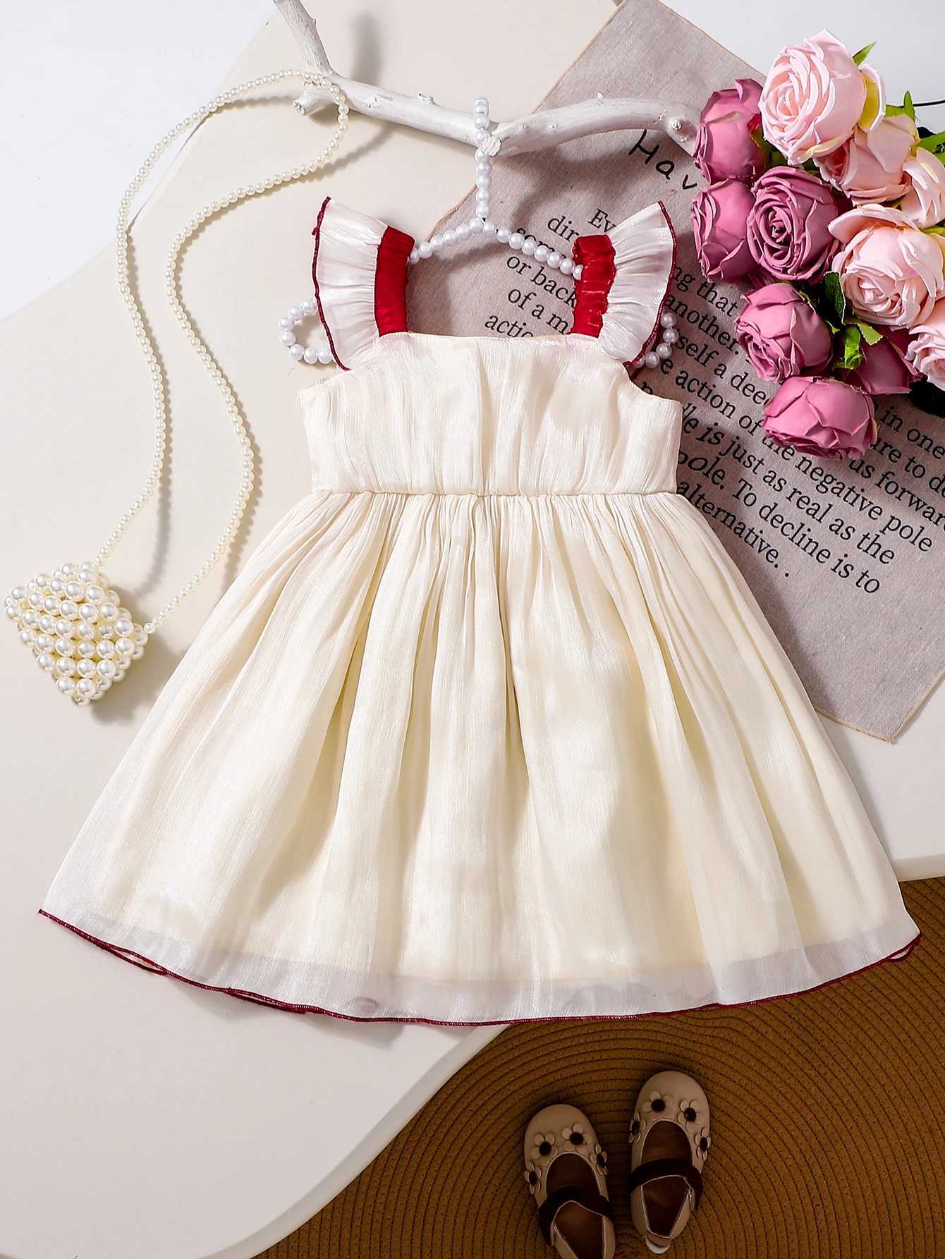 Summer New Arrival Girls Red And White Color Block Princess Dress with Large BowtieT260330