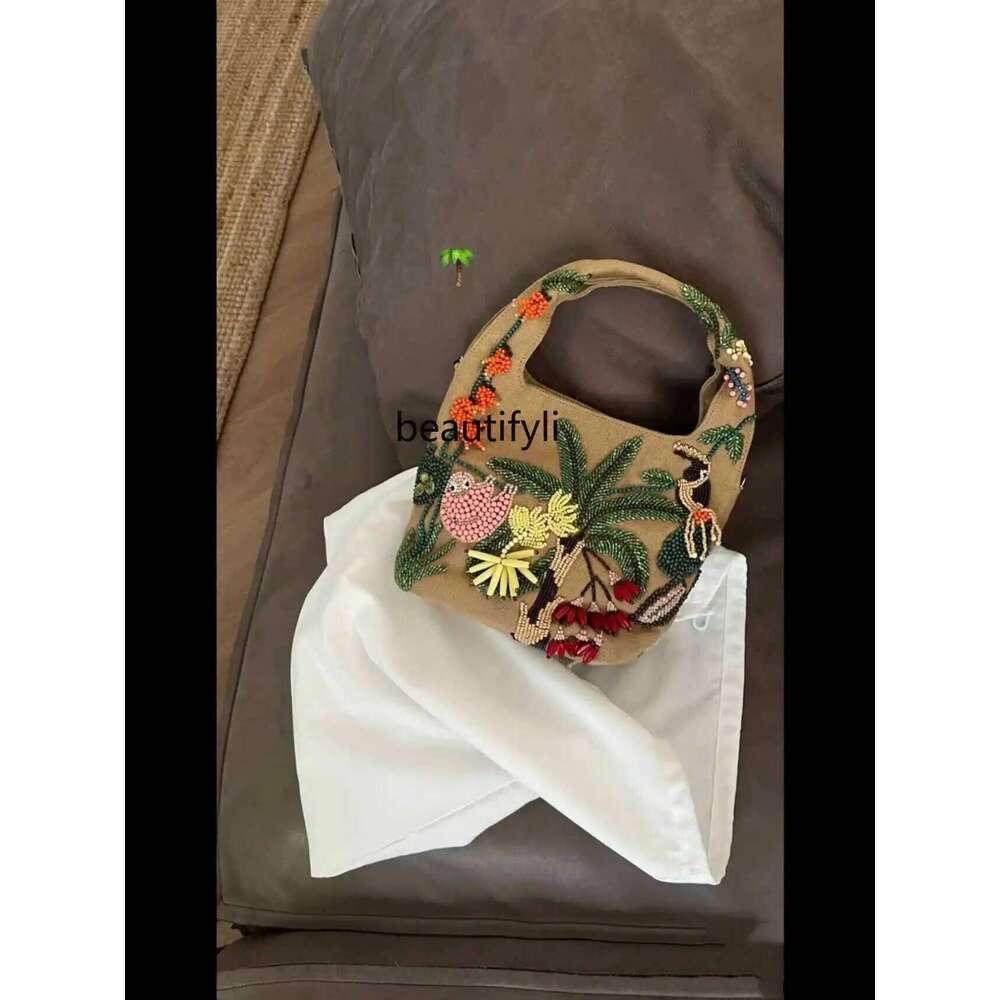 Chinese Embroidery Spanish Niche Chain Portable Messenger Women's Underarm Beaded Design Canvas Bucket Bag