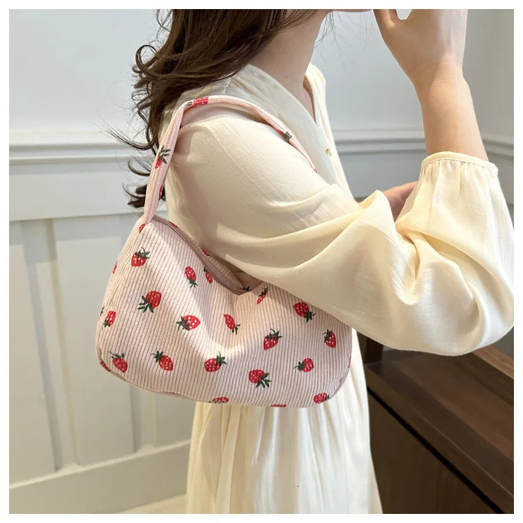 Women Small Corduroy Handbag Cute Strawberry Print Little Tote Underarm Bag Half Moon n Eco Cloth Purse Mini Shoulder Bags 260317