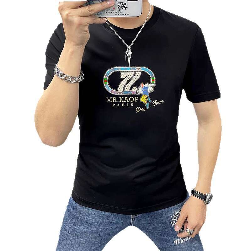 Light luxury European-style men's short-sleeve round-neck T-shirt, fashionable versatile, fitted design with rhinestone embellishments and 3D res