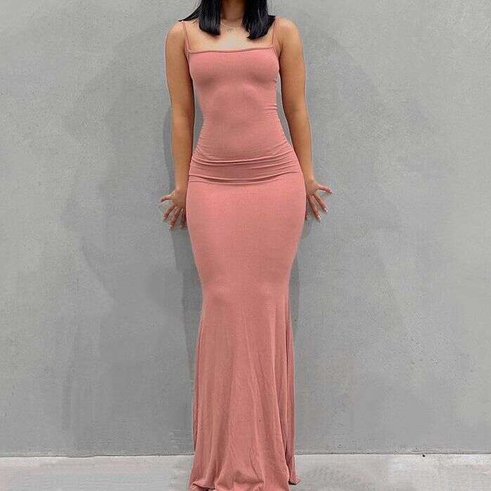 Spaghetti Strap European and American Women's Fashion High-End Pure Desire Style Bodycon Sexy Slim Milk Silk Long Mermaid Dress