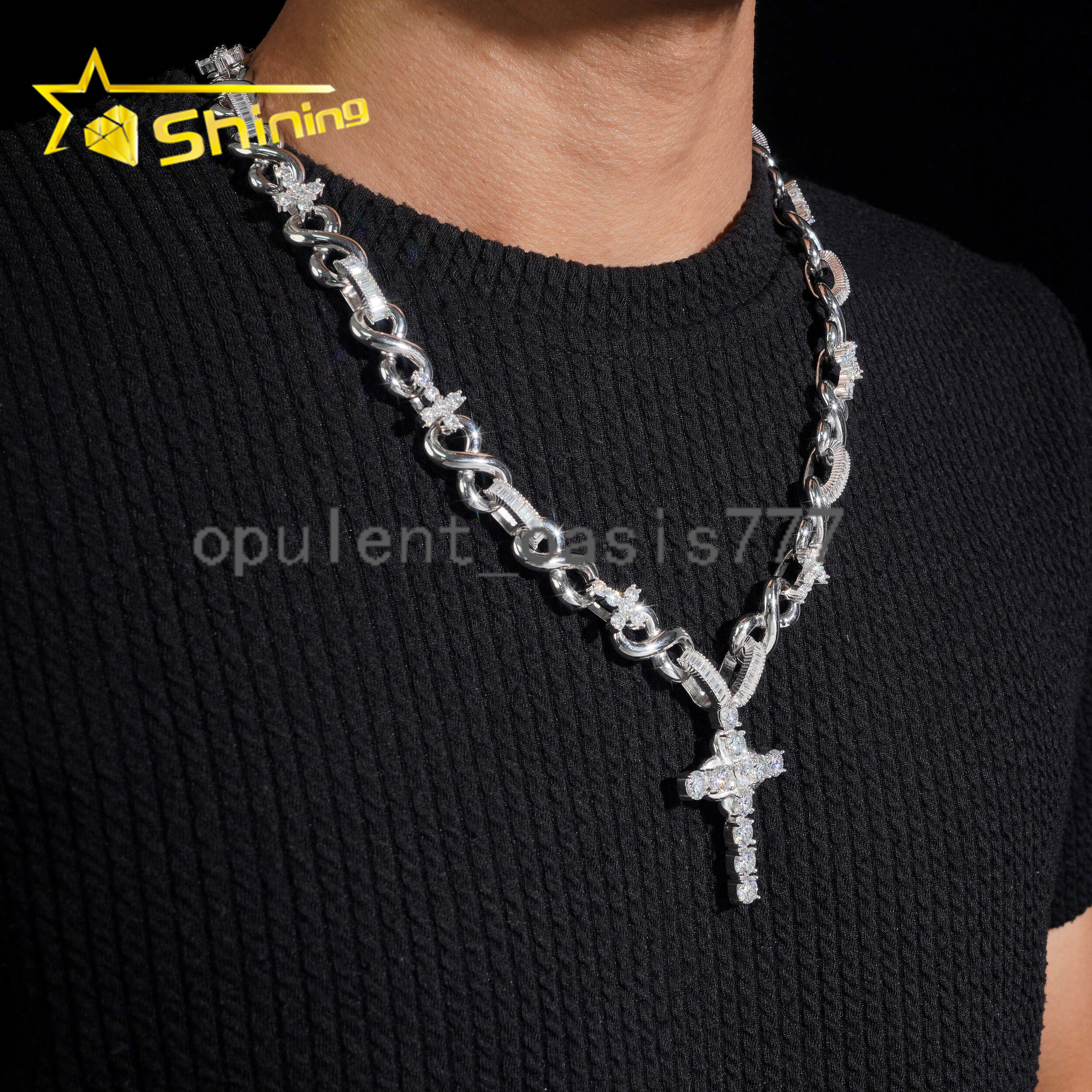 Popular Infinity Style 925 Silver Moissanite Cuban Link Chain with Cross Pendant Hip Hop Custom Cuban Links for Men