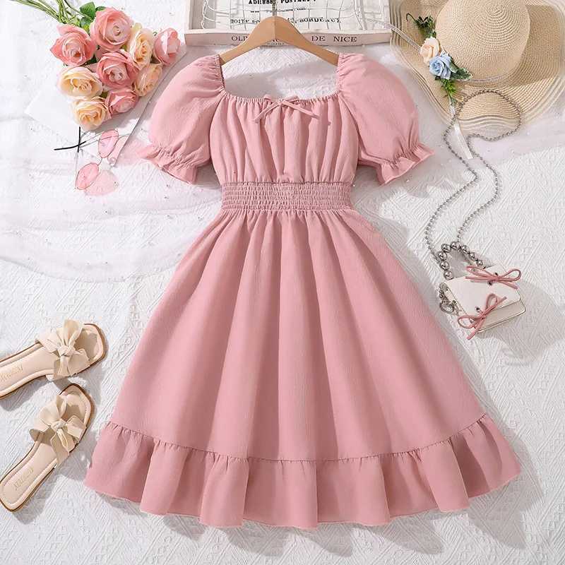 Kids Casual Dress For Girls Clothes Summer 2025 New Children Fashion Short Sleeve High Waist Pink Princess A-Line Dress 7-14YT260330