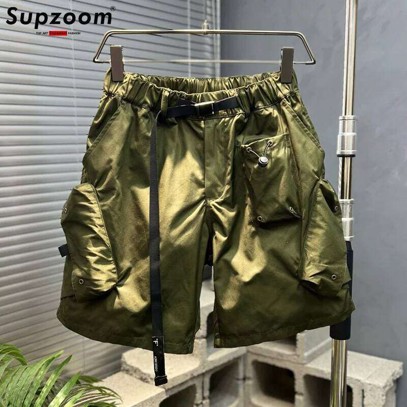 Supzoom New Arrival Top Fashion Summer Loose Casual Belt Design High Street Trendy Grid Stitching Pocket Personalized Shorts Men