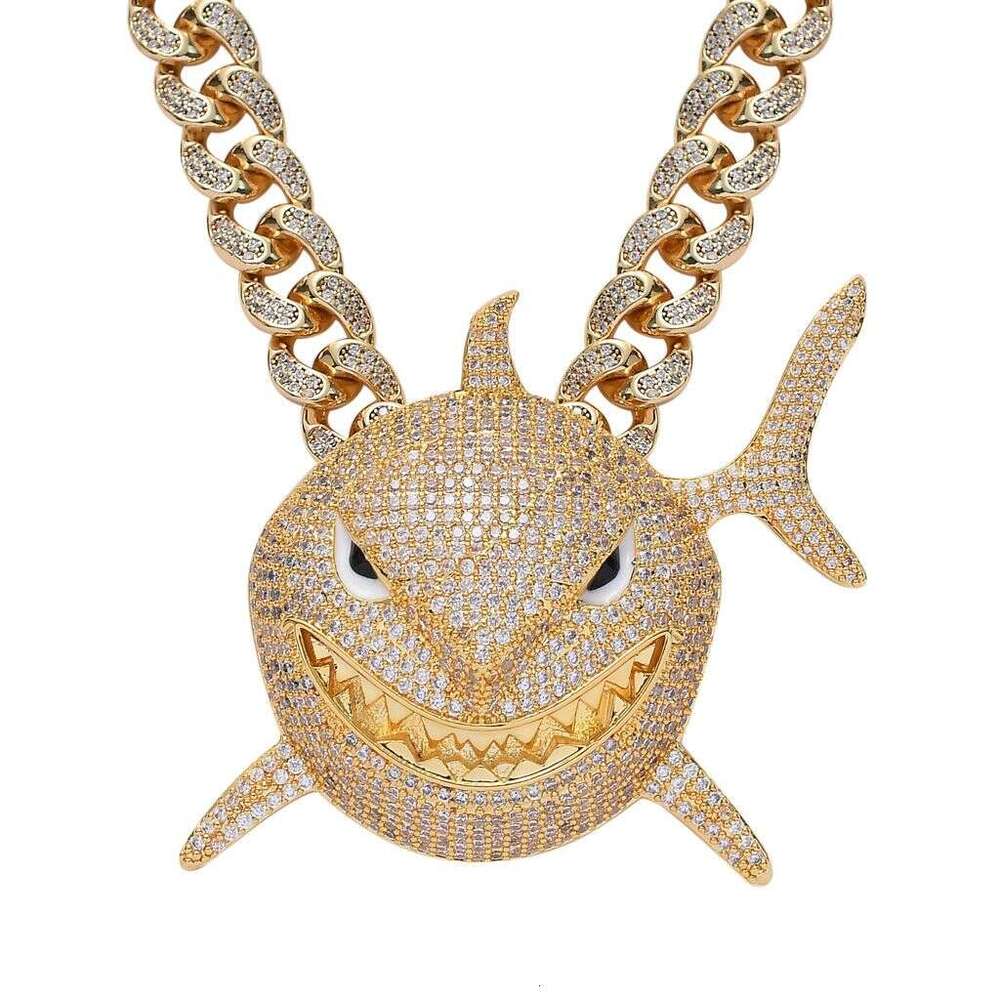 American-Style Niche Shark Pendant With Pink Micro-Inlaid Zircon, Exaggerated And Unique Hip-Hop Men's Non-Fading Cuban Chain