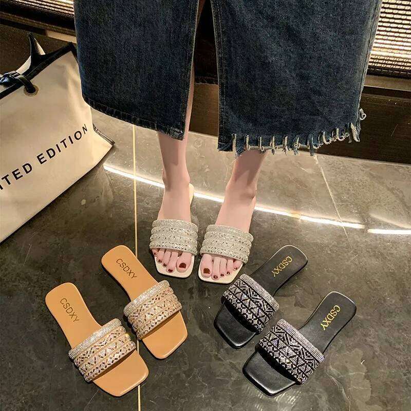 Women Bling Rhinestone Decor Slide Sandals Summer Fashion Casual Outdoor Office Party Elegant Sexy 2026 New Light Flats Beige