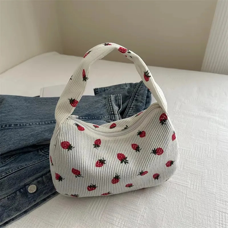Women Small Corduroy Handbag Cute Strawberry Print Little Tote Underarm Bag Half Moon n Eco Cloth Purse Mini Shoulder Bags 260317