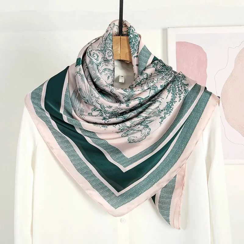 Print Square Scarf Flower Leaf Tree Elegant Satin Shawl Wen Outdoor Beach Travel Wrap Windproof Turban Hijab 110110cm X260328