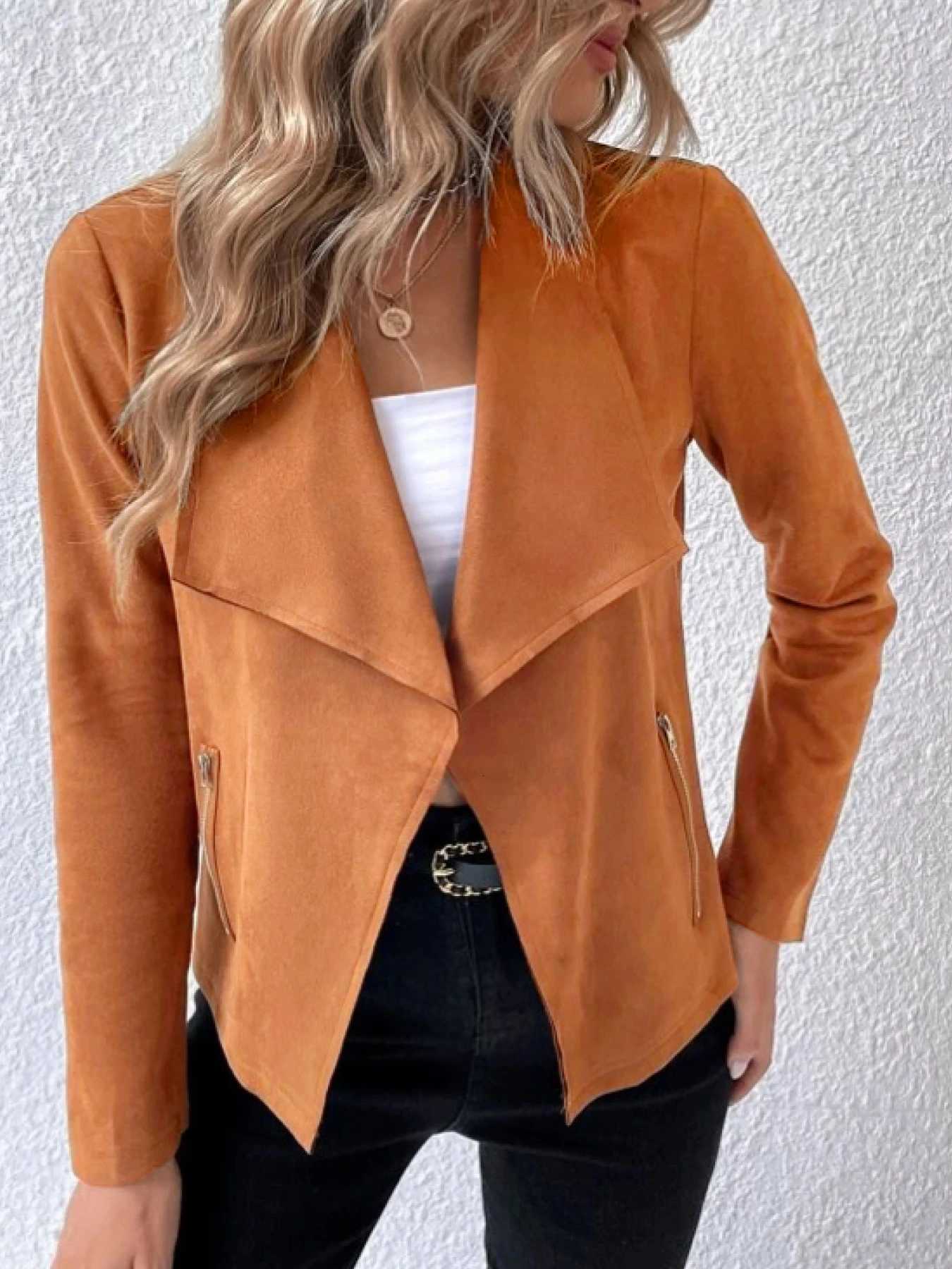 A womens caramel imitation suede lapel irregular hem short jacket light and mature commuter style thin suitT260328