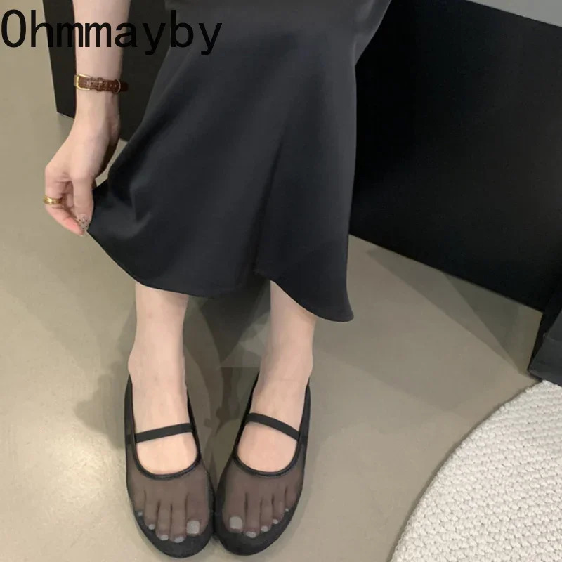 Autumn Women Mesh Fabric Ballet Flat Shoes Fashion Shallow Elastic Band Ladies Comfort Soft Sole Mary Jane Shoes 260323