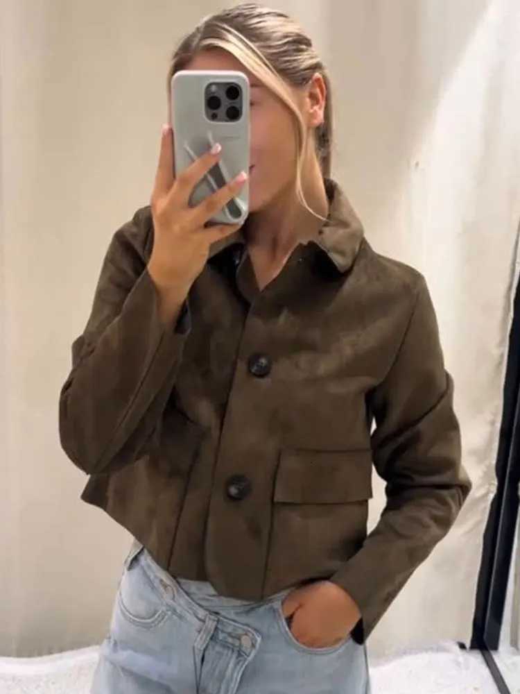 HH Women Vintage Solid Suede Coat Lapel Single Breasted Long Sleeve Jacket With Pockets Autumn Casual Outwear Short JacketsT260328