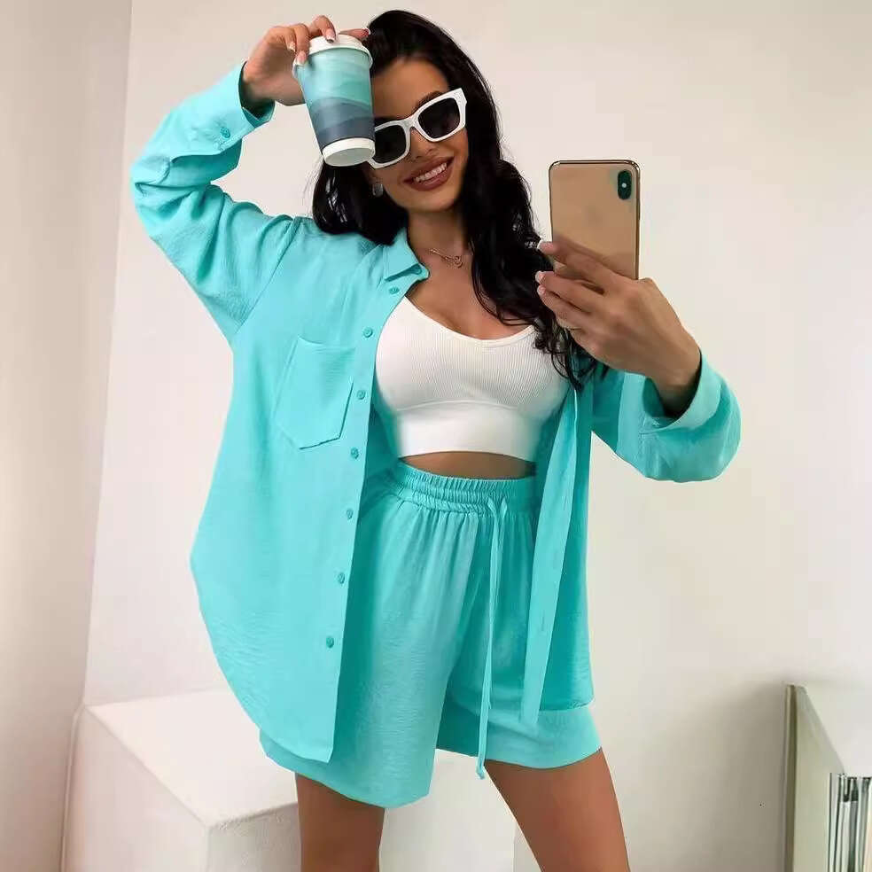 2026 Cross-border European and American women's clothing solid color single-breasted long-sleeve shirt loose fashion casual shorts set