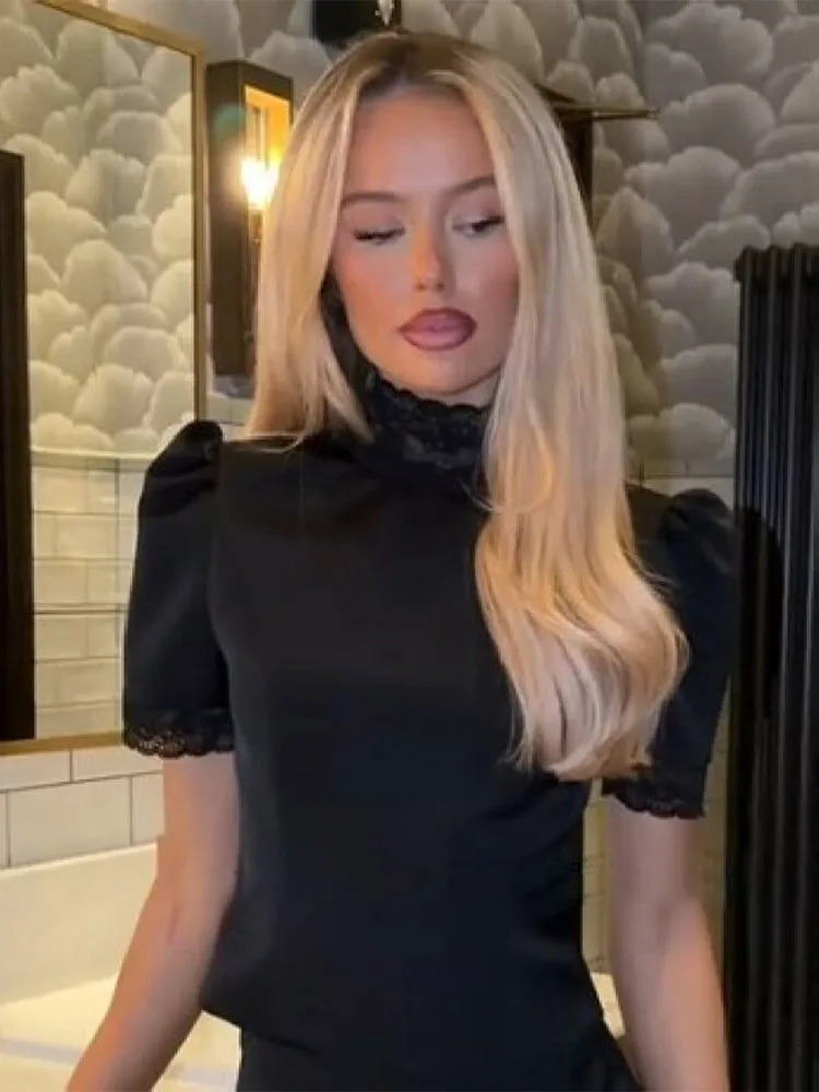 Satin Lace Edge Top Short Sets For Women High Neck Padded Shoulder Blouse Low Waist Shorts 2026 Lady Spring Summer Outfits 260326