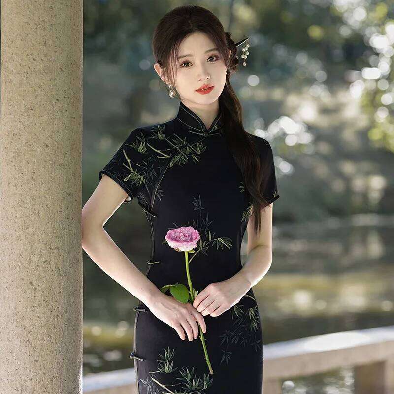 Qipao For Woman New Chinese Style Modern High End Silk Satin Yellow Green Oriental Event Costume Women Long Low Slit Cheongsam MAKOUFEI