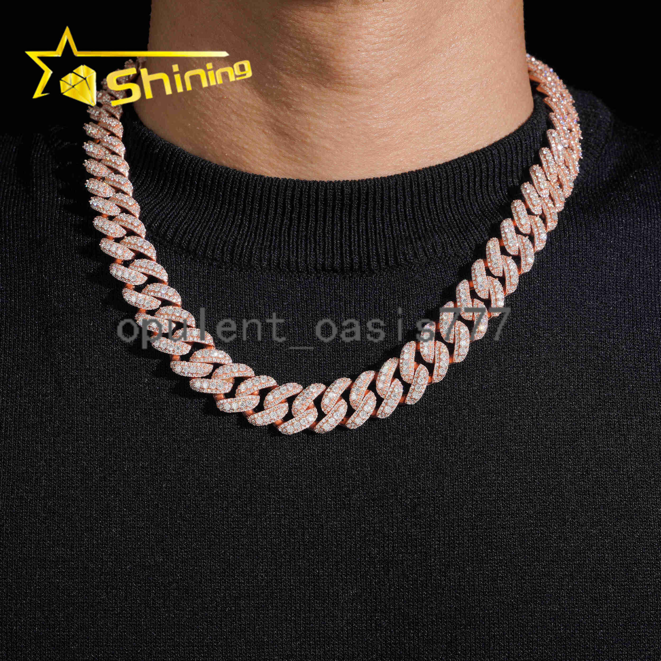 Hot Selling 15mm Width Moon Shape 925 Silver Cuban Chain Moissanite Hip Hop Jewelry Custom Moissanite Cuban Link for Men