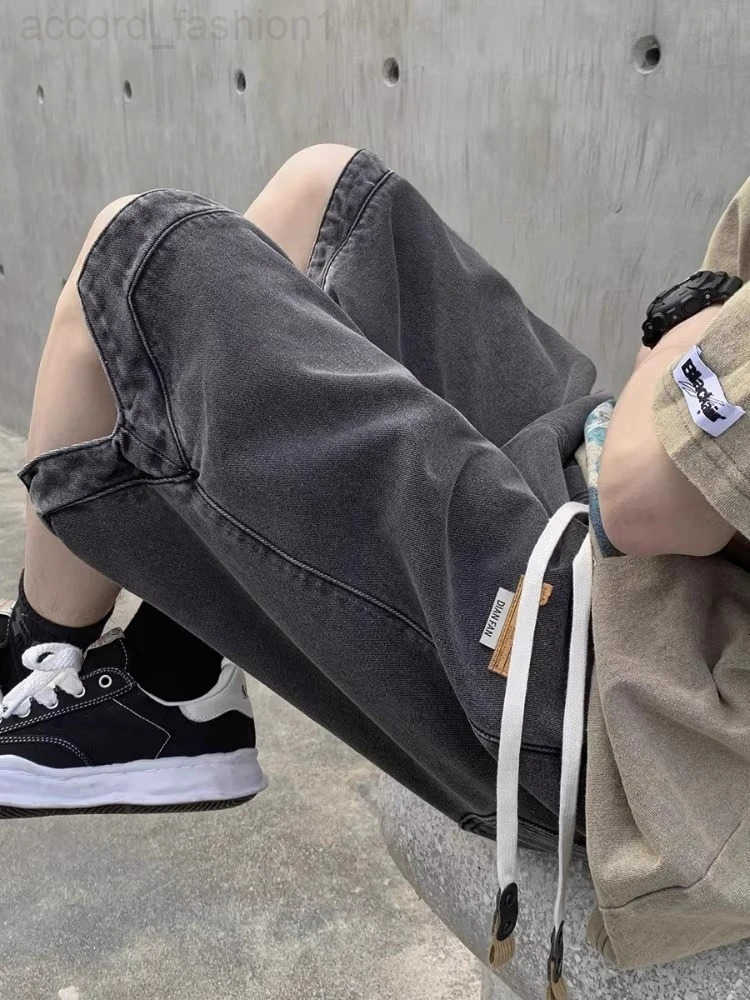 Fashion Streetwear Mens Denim Shorts Summer Loose Vintage Harajuku Splicing Hip-hop Cargo Drawstring Short Jeans Black A209 H260330