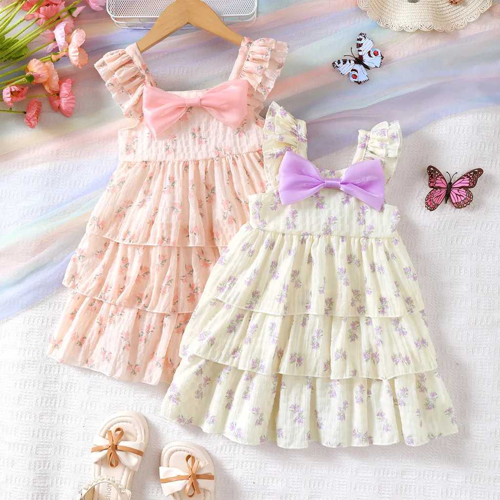 1-6Years Kids Girl Princess Dresses Sleeveless Sling Ruffle Floral Print Tiered Dress Fashion Cute Child Girl Daily Party WearT260330