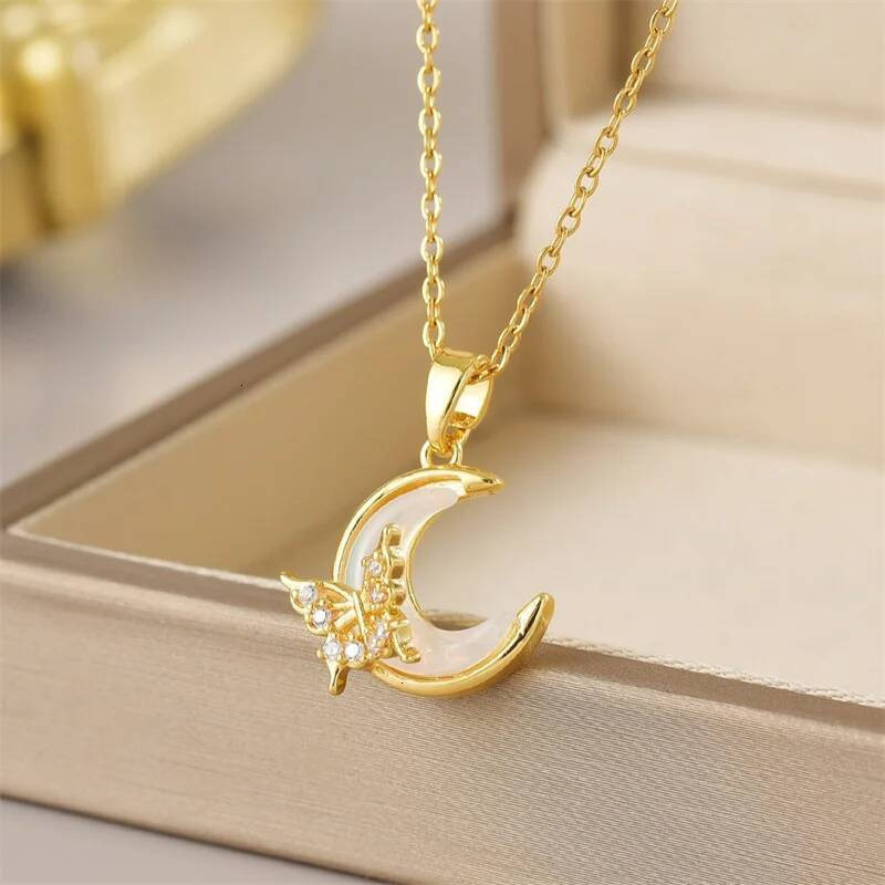 Exquisite Micro Inlaid Zircon Tassel Necklace Jewelry For Women Stainless Steel Moon Butterfly Flower Clavicle Choker