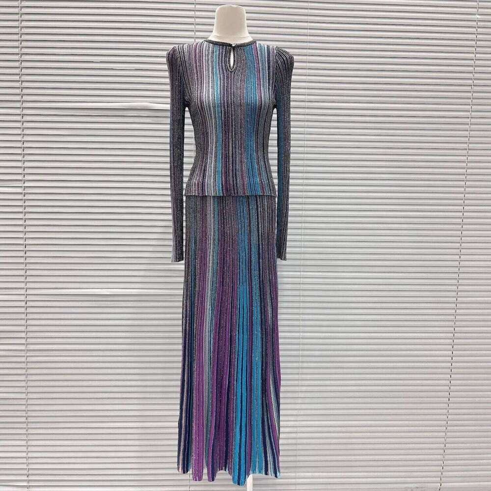 Spring Summer New Elegant Color Mix Striped Knitet Dress Set, Slim - Fitting Knitted Top + Midi Skirt Two-Piece Set Mdng260330