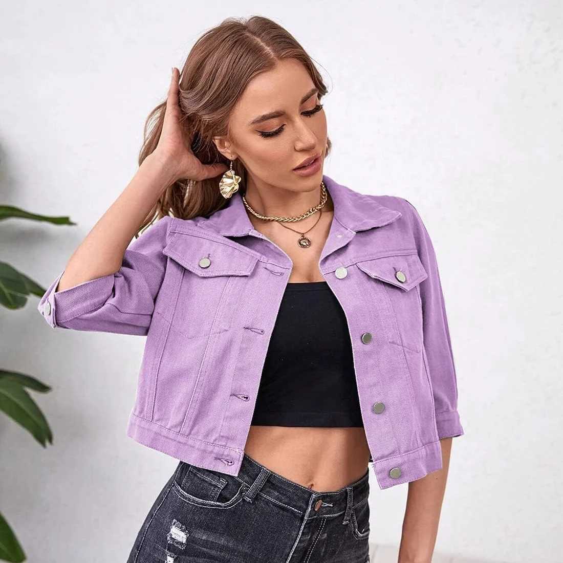 Womens Jean Jacket Cropped Denim Jackets Purple Yellow White Blue Stretchy 3/4 Puff Sleeve Distressed Shacket With PocketsT260328