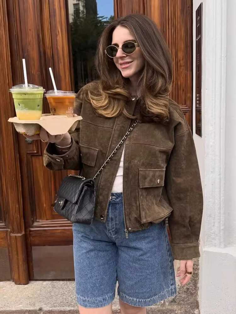 SLTNX Womens Olive Green Suede Jacket Oversized Lapel Coat Long Sleeve Pocket Streetwear Fall Winter OuterwearT260328