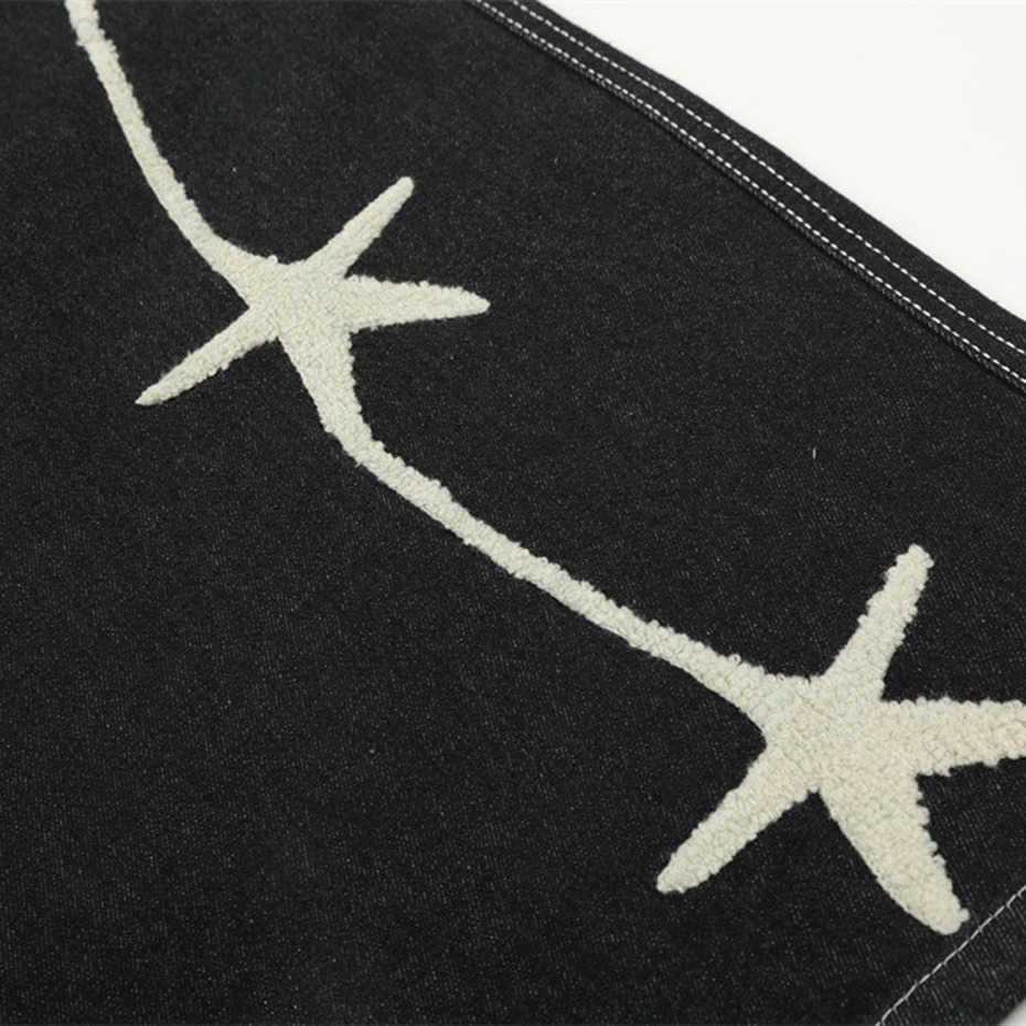 Star Embroidery Denim Shorts Mens Black Loose Wide Leg Jeans Shorts Streetwear Harajuku Hip Hop Shorts H260330