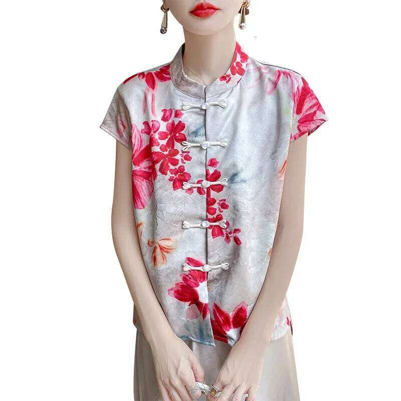 Chinese Style Women's Shirt Sleeve Acetate Satin T-Shirt Waist Cinched Qipao Short Top Summer New Arrival MAKOUFEI
