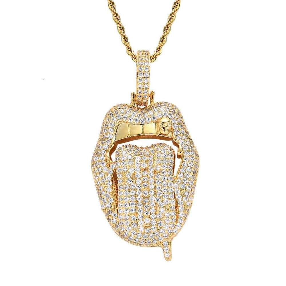 Necklace With Tongue-Out Lips And Dollar Pendant, Trendy Personalized Micro-Inlaid Zircon Men's Hip-Hop Pendant