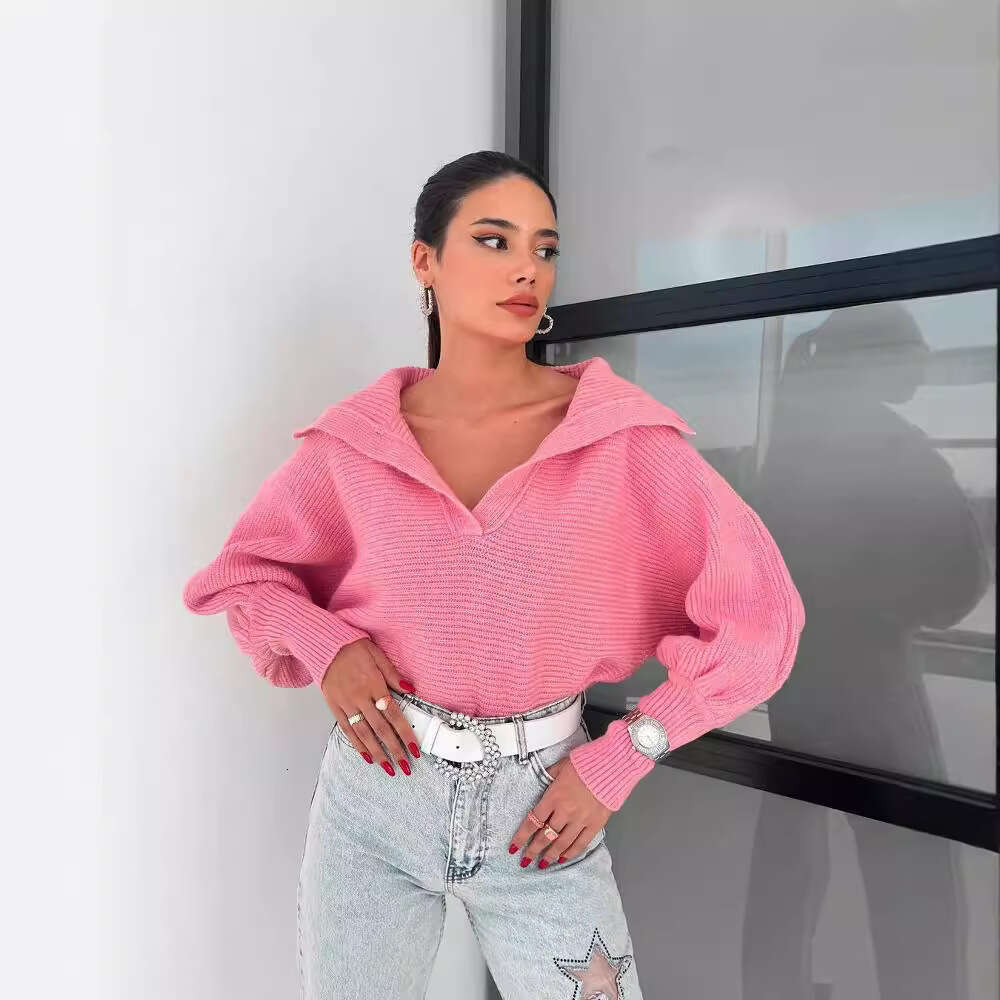 2026 European American cross-border autumn and winter hot-selling casual loose lantern sleeve open-neck pullover women's short sweater