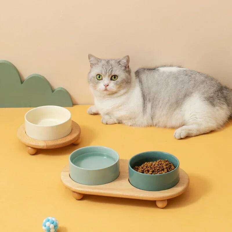 1800ML Ceramic Small Dog Food Water Bowl Elevated Cat Large Capacity Double Feeding Bowls with Wooden Stand Pet Drink Eat Feeder 26W0330