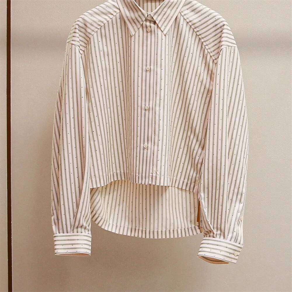 Rhinestone Decoration Women Striped Shirt Turn-Down Collar Blouse Top Or Elasitc Waist Pleated Mini Skirt For Ladies Mdng260330