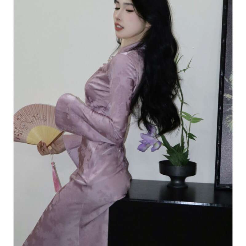 New Chinese Women's Clothing Spring Improved Cheongsam High-End Exquisite Elegant Socialite National Style Purple Button Dress Qipao Hanfu Silk