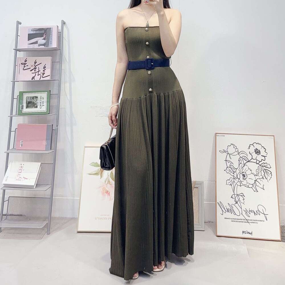 Designer high-end women's D17 French fashion social party strapless long skirt, slim fit waist belt dress