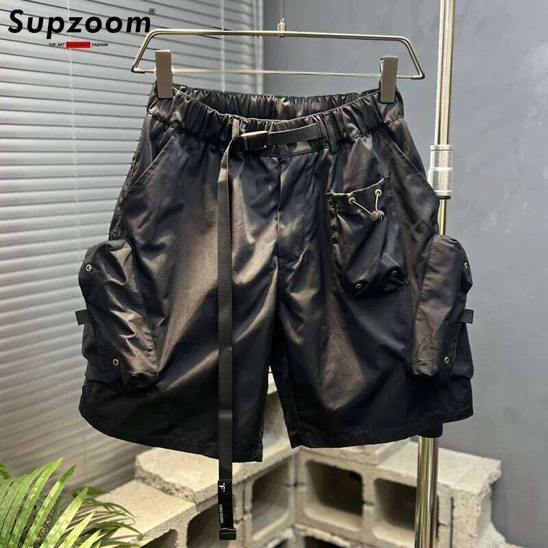 Supzoom New Arrival Top Fashion Summer Loose Casual Belt Design High Street Trendy Grid Stitching Pocket Personalized Shorts Men
