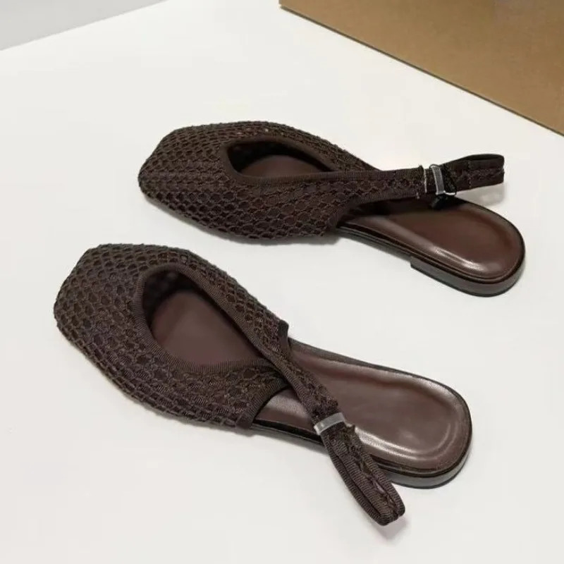 Woven Mesh Hollow Out Women Summer Shoes Square Toe Breathable Slip on Leisure Comfort Vacation Beach Flat Sandals for Ladies 260323