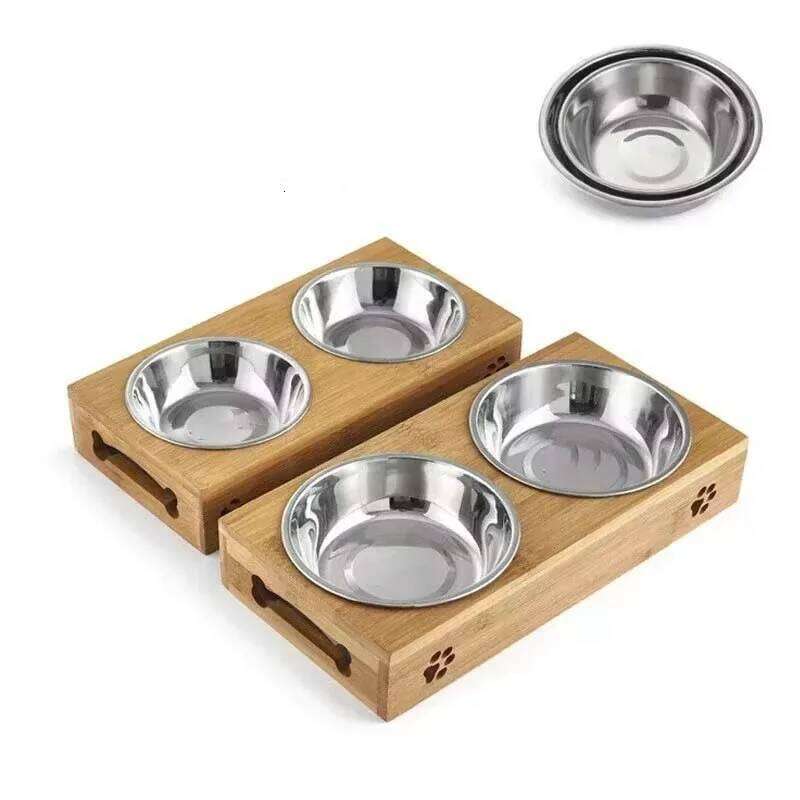 Small Food Pet Dog Cat Ceramic Bowl Bamboo Wooden Table Into A Kitten Skid Resistant Double 26W0330