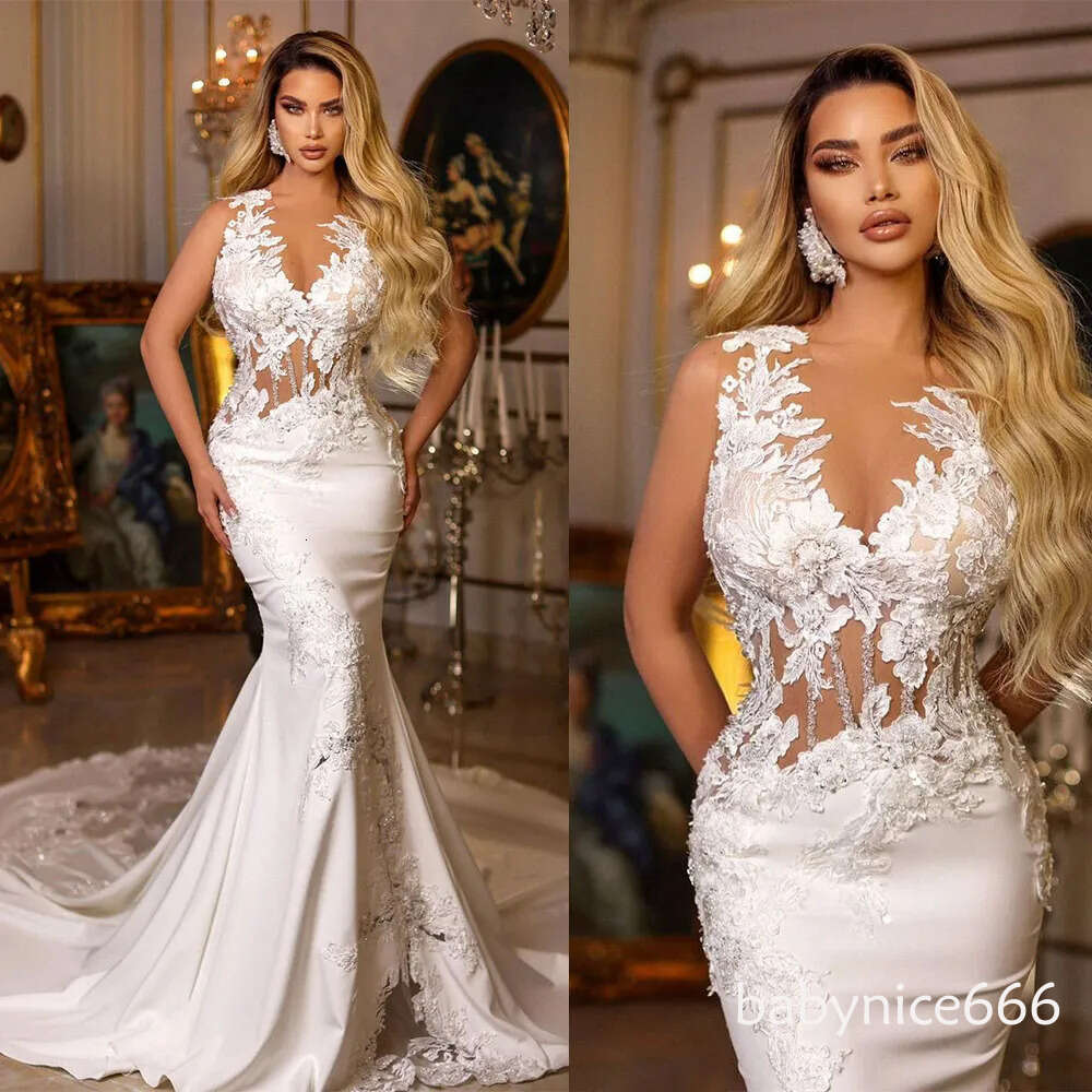 Elegant Mermaid Wedding Dress Sleeveless Deep V Neck Hollow Appliques Sequins Lace Satin Illusion Beidal Custom Made Ruffles Bridal Gowns