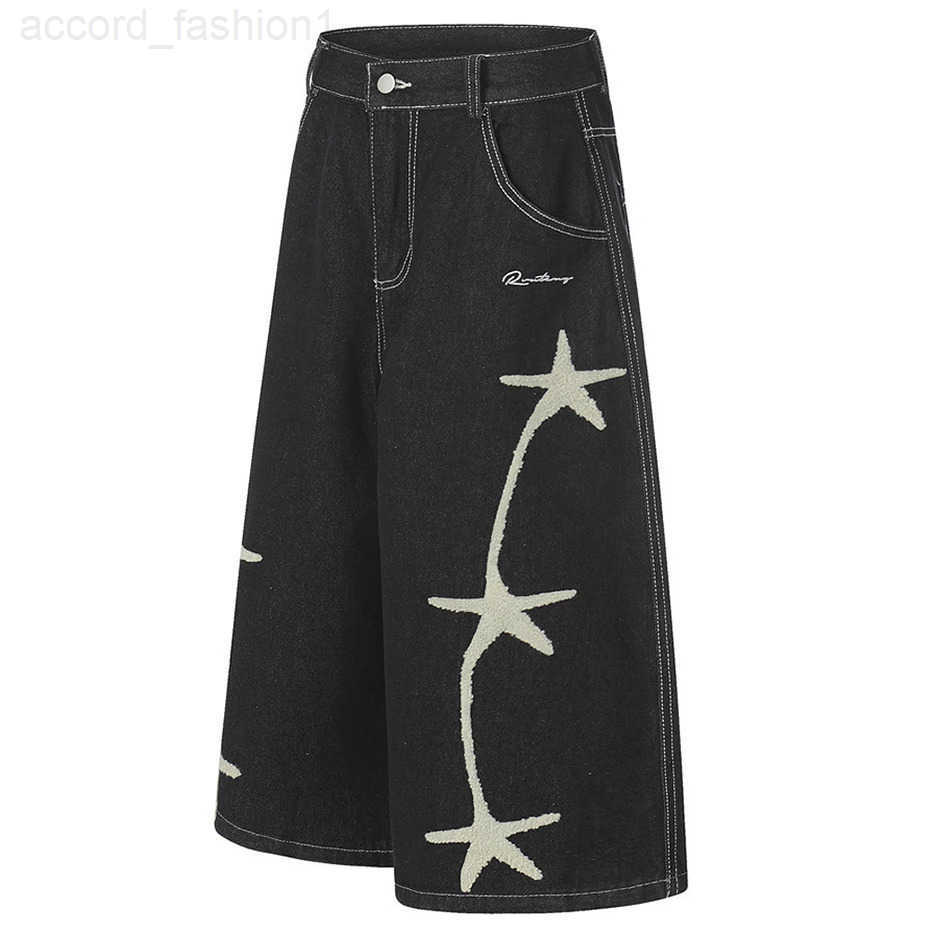 Star Embroidery Denim Shorts Mens Black Loose Wide Leg Jeans Shorts Streetwear Harajuku Hip Hop Shorts H260330