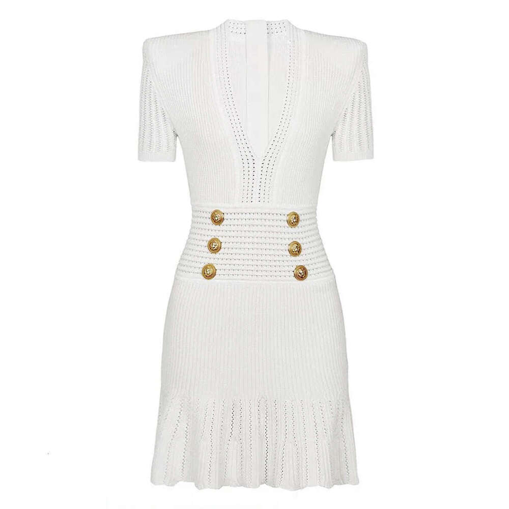 Spring and Autumn New Designer European and American Fashion High Quality A9 Knitted V-neck Slimming Women's Short sleeved Dress
