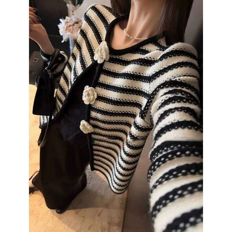 Temperament Camellia For Women In Autumn Striped Crochet Knitted Cardigan New Jacket Top