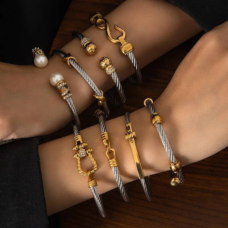 Stainless 1 Pcs Gold Plated Trendy Retro Hip Hop Style Bracelet Fried Dough Twists Steel Wire Rope Colorfast Bangle