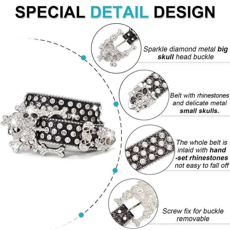 Skull Pile Punk Belts Men Women Coral Rhinestone Gothic Y2k Spice Girls Rock Hip Hop Belt Jeans Decoration Nightclub Chunjinqiuli