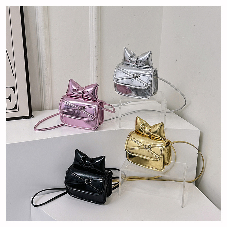 Free Shipping High Value Shiny Metallic Bow Mini Crossbody Bag for Women Cute Small Square Purse with Adjustable Strap
