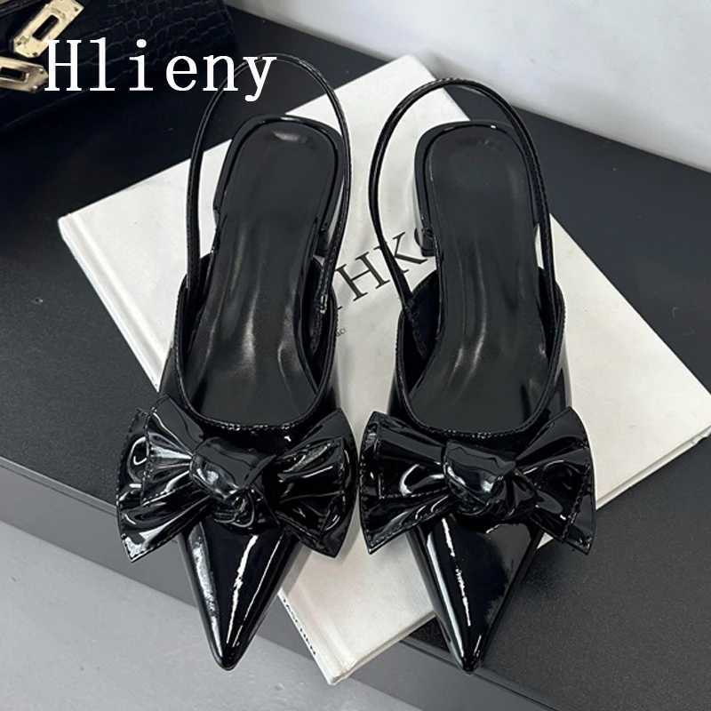Hlieny Fashion Design Big Butterfly Knot Women Flat Mules Sandals High Quality Cozy Patent Leather Pointed Toe Back Strap Shoes Z260330