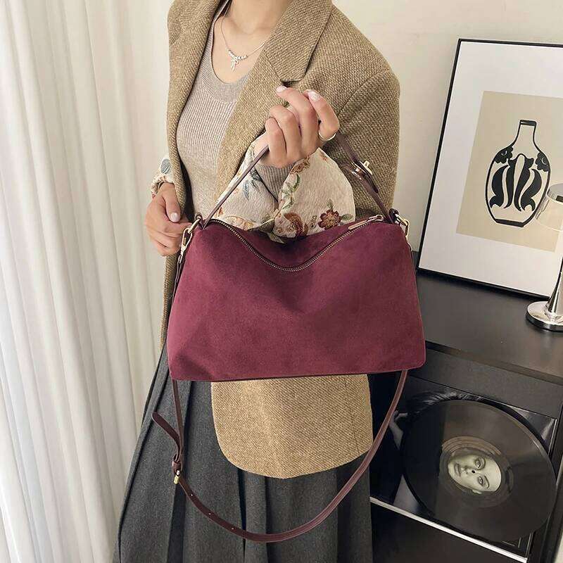 Faux Suede Solid Color Zipper Large Capacity Casual Tote New Trend Versatile Waterproof And Durable Crossbody Bags QIBALIANGPIN