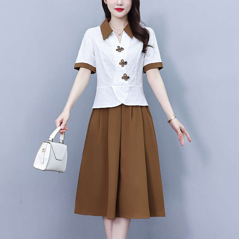 Plus-Size Women's Clothing : Stylish Button-Down Short-Sleeve Top Fashionable Age-Reducing Skirt Set For Middle-Aged Mothers Qipao Hanfu Silk